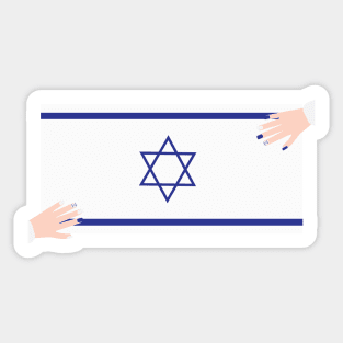 Two hands with blue and white nail polish on Israel flag Sticker